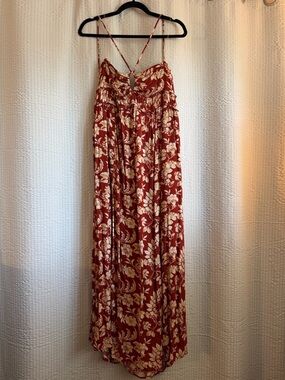 “Sienna Floral Halter Dress” in Rust and Cream - Sleeveless Spaghetti Strap